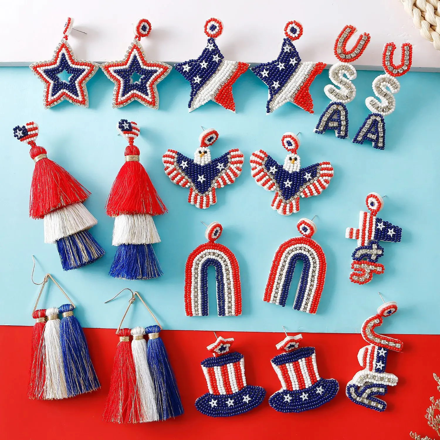 

Rice bead earrings Red white blue Five-pointed star Design Female Hand knitting Bohemia Alloy Fabric Fashion Beaded earrings