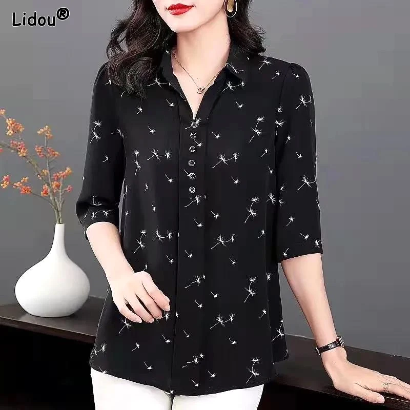 Turn-down Collar Loose Simplicity Button Printing Straight Elegant T-Shirts Thin Summer Three Quarter Sleeve Women's Clothing