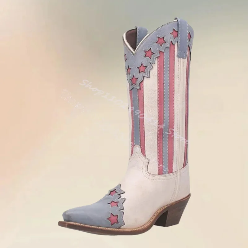 

Pink Purple Star Stripe Design Pointed Toe Boots Slip On Women Shoes Chunky High Heels Party Banquet 2024 Zapatos Para Mujere