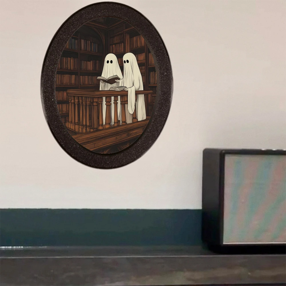 1 Piece Ghost - themed Oval Decoration, Retro Black Frame Shows Library Scene, Creates Literary & Quiet Atmosphere, Suitable for