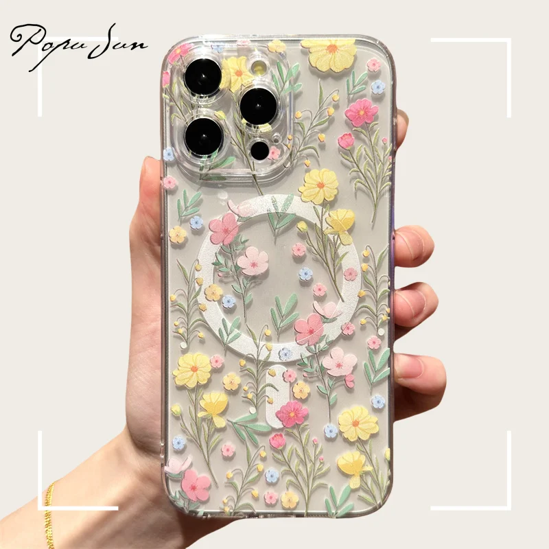 

Transparent With Magsafe Magnetic Print Flower Pattern Case iPhone 17 Air 16 11 13 12 14 Pro Max 15 Plus Wireless Charge Clear