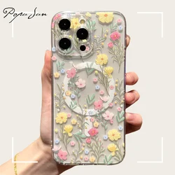 Transparent With Magsafe Magnetic Print Flower Case For iPhone 17 Air 16 13 12 14 11 Pro Max 15 Plus Wireless Charge Clear Cover