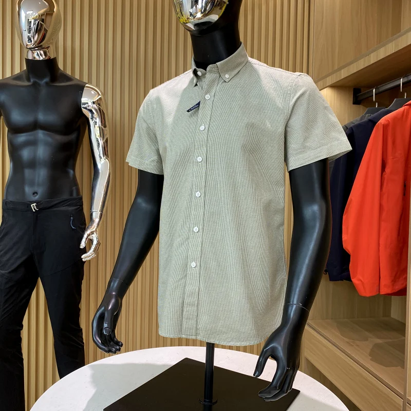 Kemeja Pria Musim Panas Bahan Katun Oxford, Kasual Serbaguna, Kerah Tegak, Cocok untuk Sehari-hari, Warna Polos