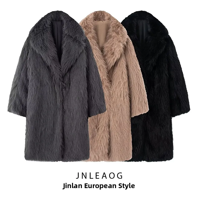 

JNLEAOG Autumn New Women's Warm Faux Fur Vest Outerwear Winter Clothes Medium Length Coat Street Sle Long Sve Polyester