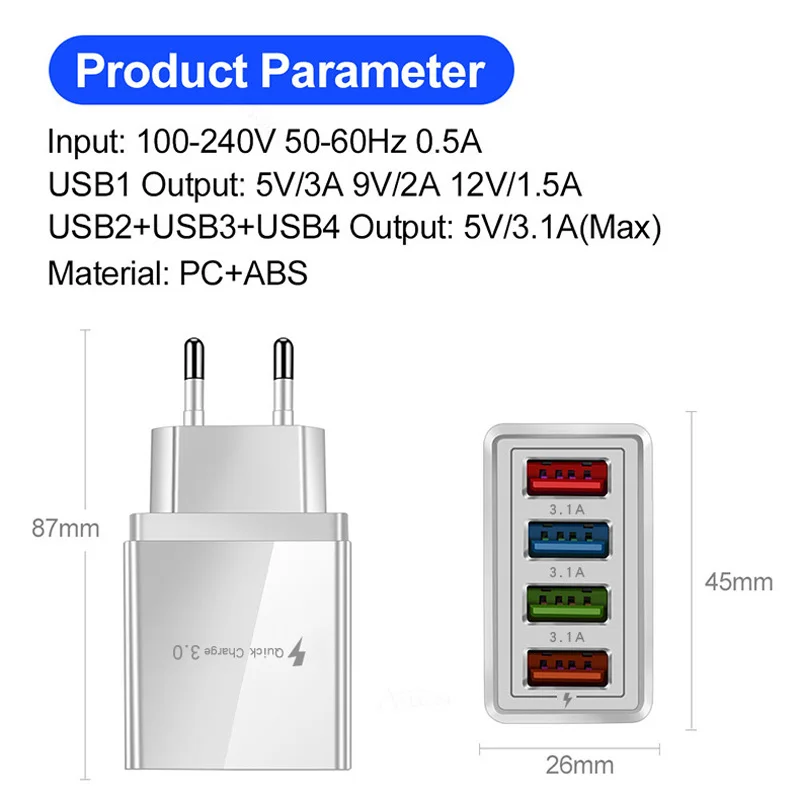 Universal 4 Ports USB Charger 5V/3A 9V/2A 12V/1.5A EU/US Plug Adapter Wall For Samsung   Xiaomi honor huawei Google Mobile Phone