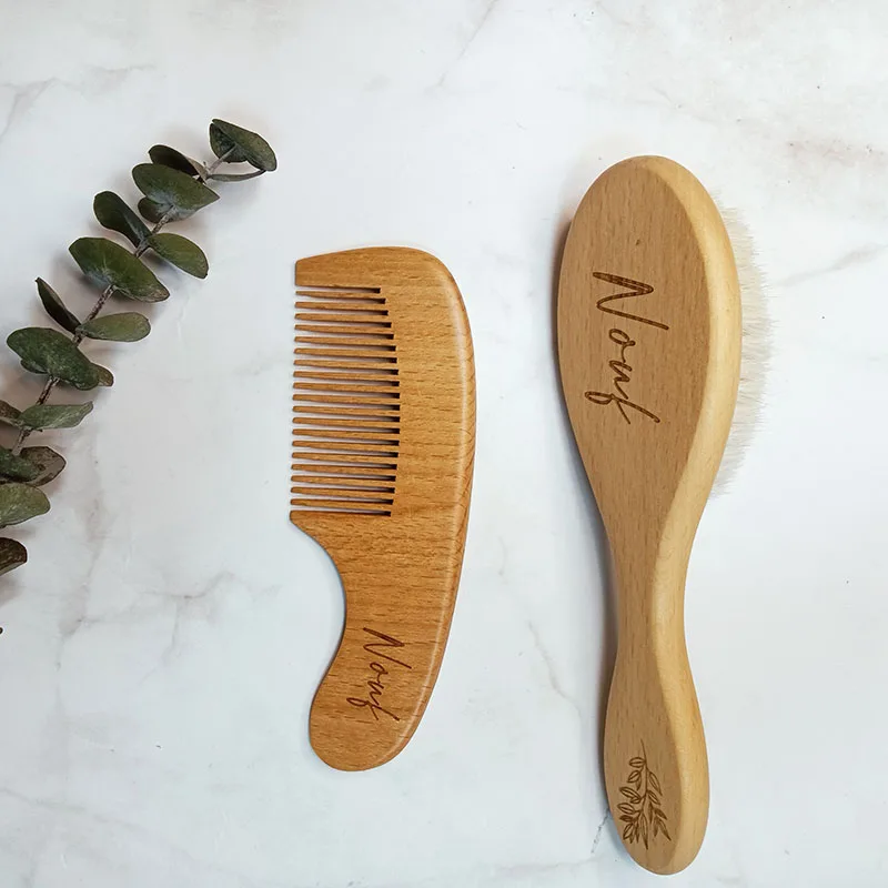 Baby Hair Brush And Comb Custom Baby Wooden Hair Brushes for Kids Comb Set Goat Hairbrush Wood Combs Birthday Baby Shower Gifts