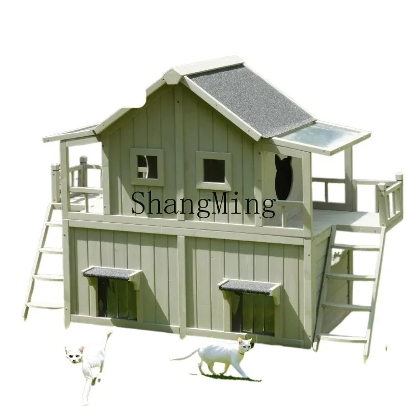 

FG wood cat nest rain and sun protection outdoor cat villa winter warm large cat house kennel