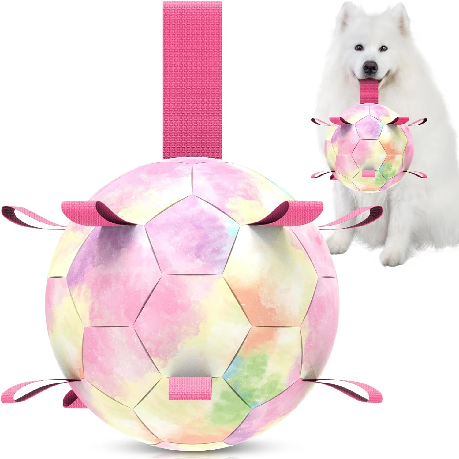 

Rainbow Dog Toys Soccer Ball with Straps - Interactive and Durable Toy for Small & Medium Dogs - Perfect for Tug of War and Fetc