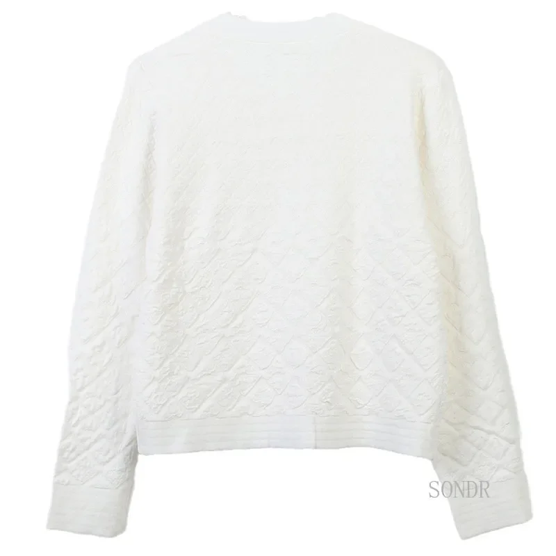 Monochrome Knitted Cardigan for Women, Round Neck, Jacquard Sweater, White and Black Tops, Korean Fashion, Fall and Winter