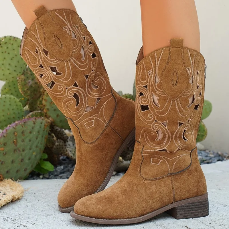 

Повседневные джинсовые ботинки средней длины, женская обувь, новинка 202, летние женские ботинки в стиле ретро с круглым носком и квадратным каблуком, однотонные, большого размера