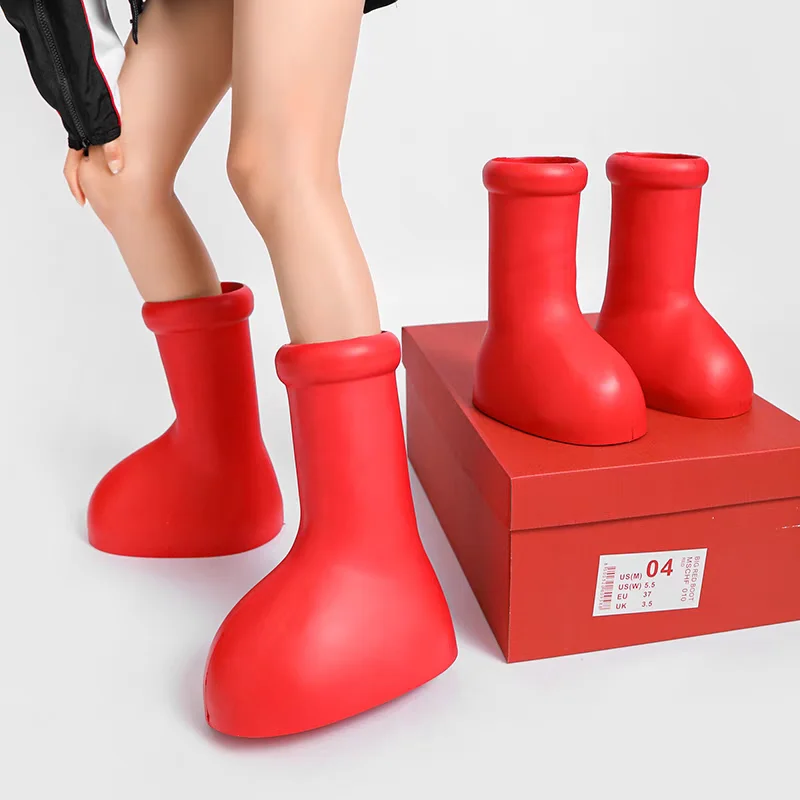 Hot Astro Boy Plus Velvet Red Boots The Same Style High Top Round Toe Wear Mid-calf Rain Boots Thicken Water Proof Surprise Gift