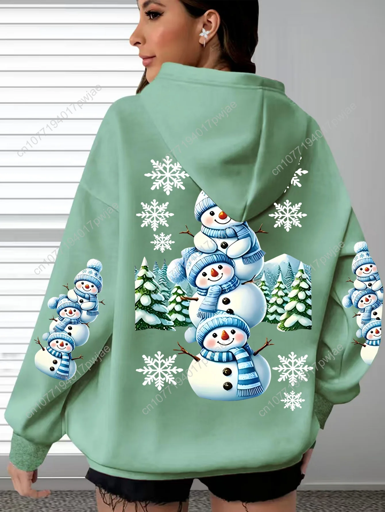 Felpa con cappuccio casual con stampa pupazzo di neve taglie forti - Felpa con tasca a marsupio a maniche lunghe, abbigliamento da donna