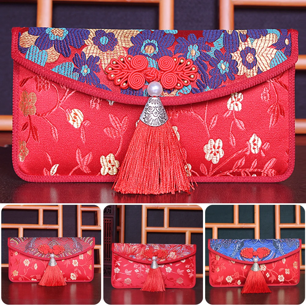 Sac à cartes d'invitation de mariage chinois traditionnel, 14-Bao, nouvel an, enveloppe rouge brodée, porte-bonheur, sac d'argent avec pompon, 2024