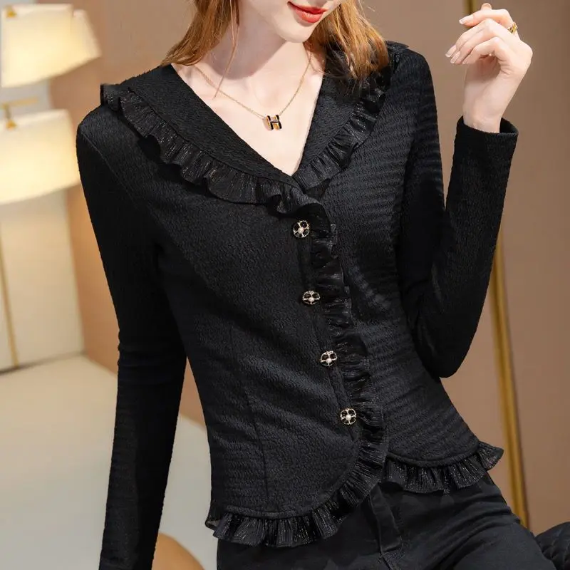 

Elegant V-Neck Button Spliced Ruffles Blouse Women's Clothing 2024 Autumn New Oversized Casual Pullovers Stylish Commute Shirt