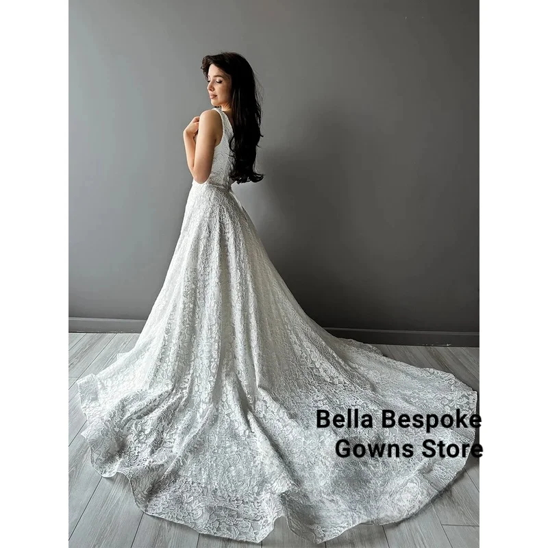 

Exquisite Lace Wedding Dress Saud Arab Bridal Gown Square Neck Sleeveless Court Train Customized Bride Dresses Vestido De Noiva