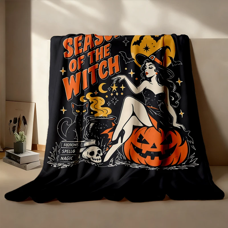 Season of The Witch Flannel Blanket, Pin Up Witch Graphic Flannel Throw, Vintage Halloween Cozy Blanket