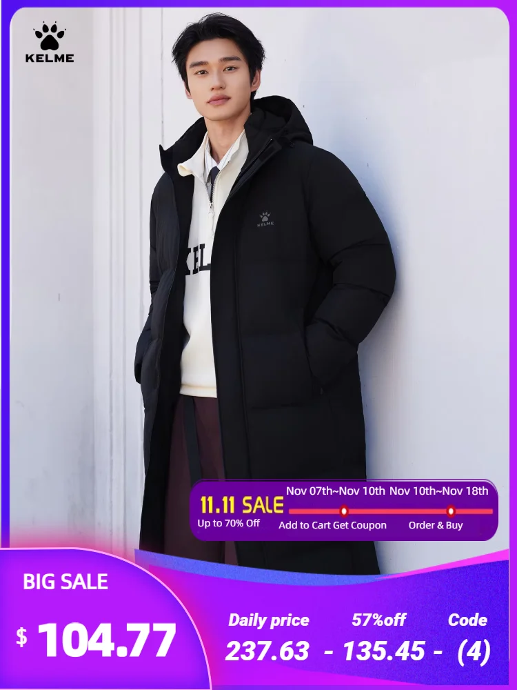

Kelme Men's Long Down Jacket - Knee-length Multi-training Hooded Coat Warm Sports Coat For Outdoor Windproof Cotton Clothing