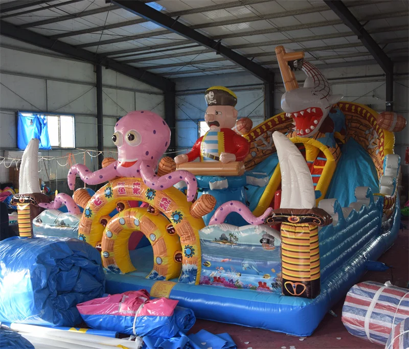Custom Pirate Shark Theme Huge Inflatable Bounce Castle with Slide Commercial Inflatable Playground for Amusement Park