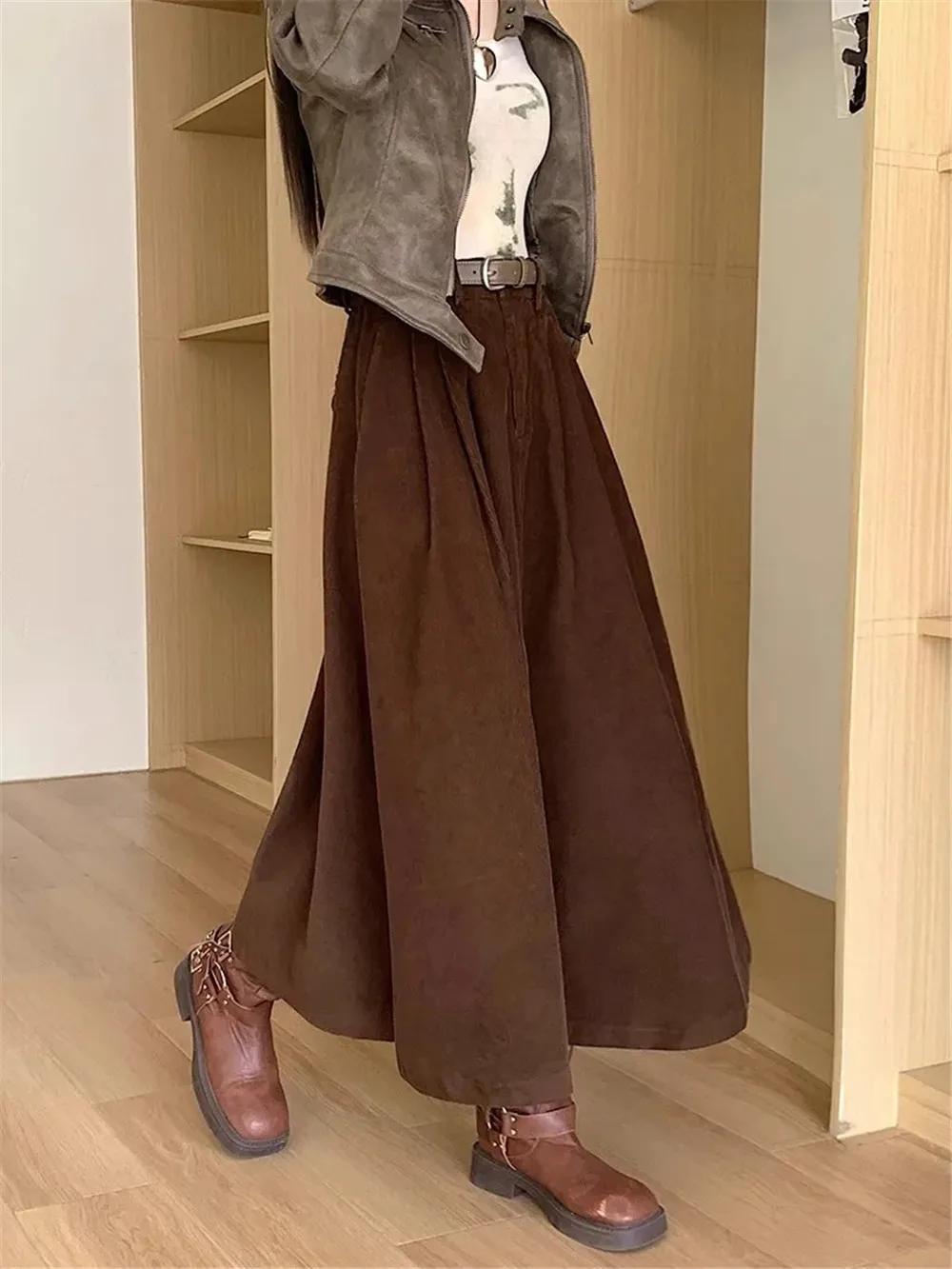 Vintage A-Line Women Corduroy Pleated Skirt Pockets Patchwork High Waist Long Skirt Korean Spring Winter Streetwear Autumn Retro