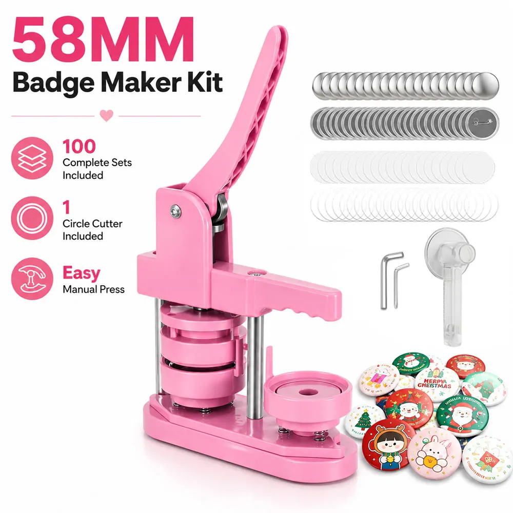 58mm (2.28in) Metal Badge Maker Kit with 100 Badge Supplies & Circle Cutter, Manual Press for DIY Pins, Badges, Gifts & Crafts