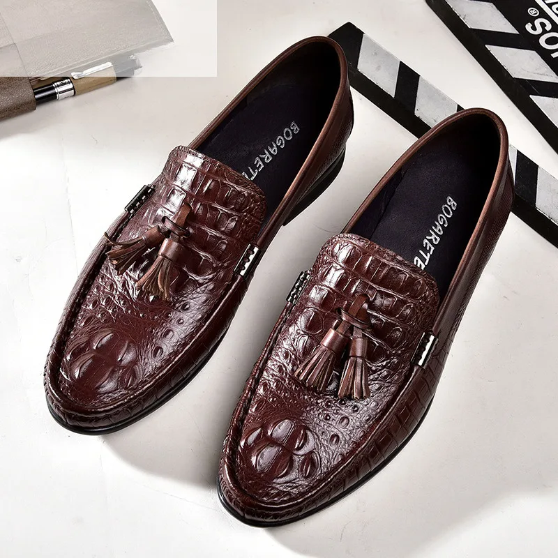 Men's Shoes Genuine Leathers Summer Breathable British Bean Crocodile Pattern Casuals Men's One Step Leather Suede Shoes Loafers