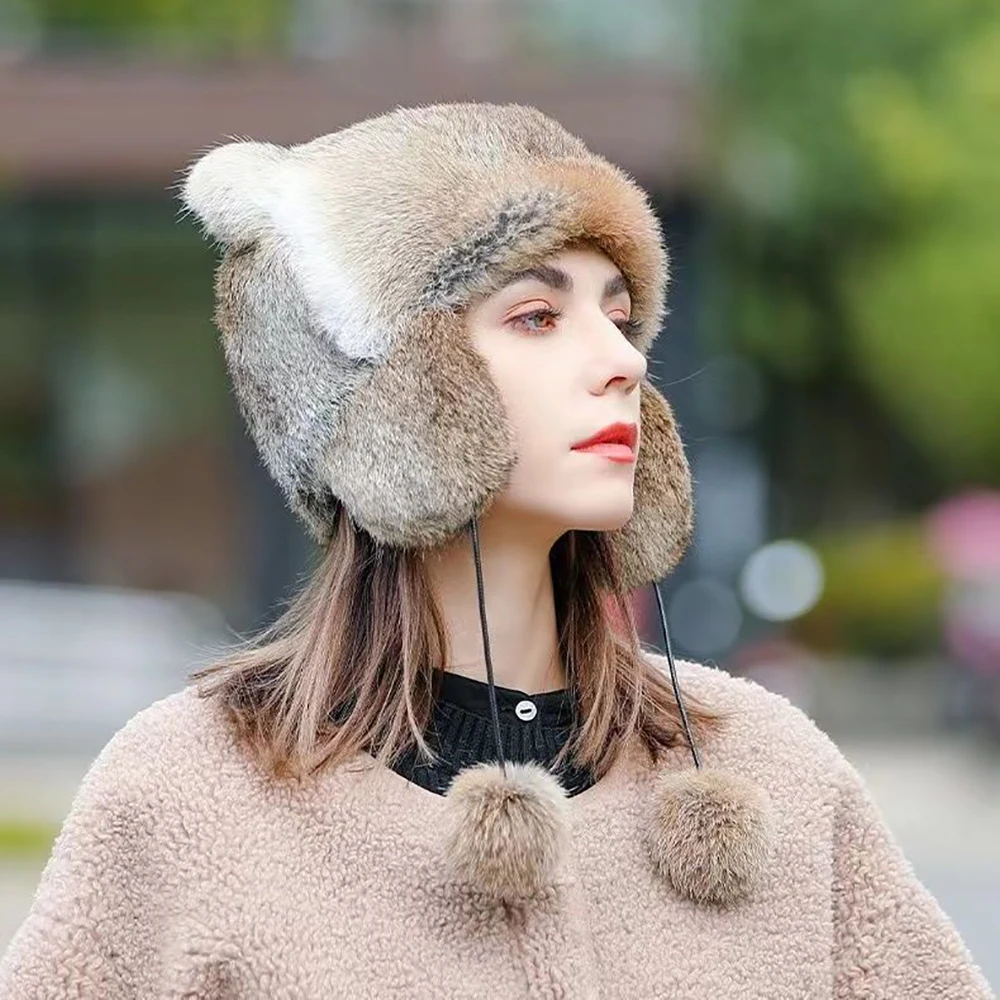 New Lady Winter Warm Real Rabbit Fur Hat berretto da neve cappelli invernali per le donne ragazze vera pelliccia Knit Skullies berretti cappello