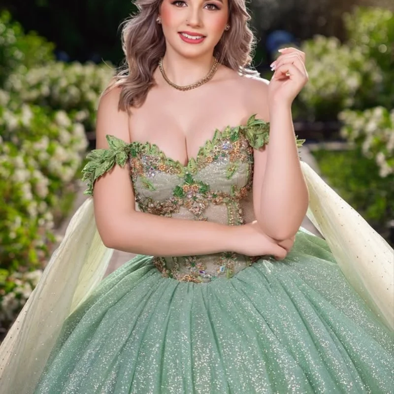 

Shiny mint green Quinceanera Dress off-shoulder crystal 3D flower Decal Long tail Vestidos De 15 Quinceanera ﻿Customize