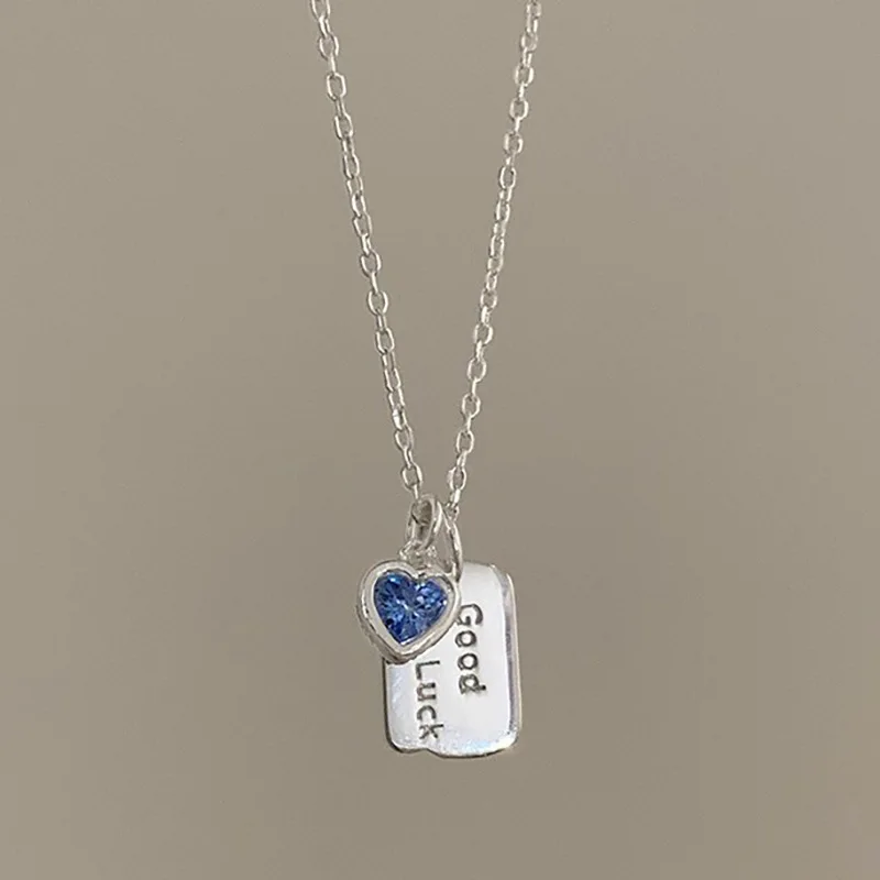 

Модное ожерелье из стерлингового серебра 925 пробы в форме сердца с синим кристаллом и квадратным кулоном на удачу для женщин, ювелирный аксессуар в корейском стиле