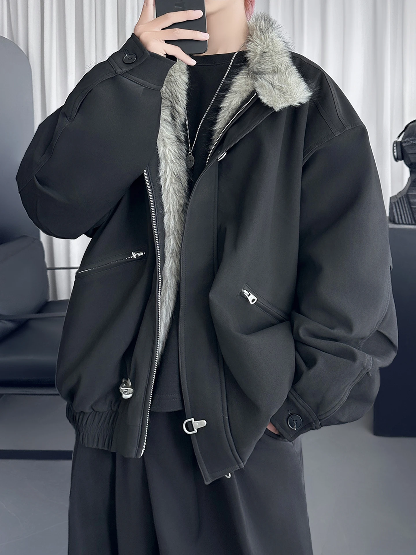 

Мужская хлопковая куртка с меховым воротником в стиле ретро, свободное теплое зимнее пальто, однотонная модная брендовая одежда для пар, полиэфирное волокно