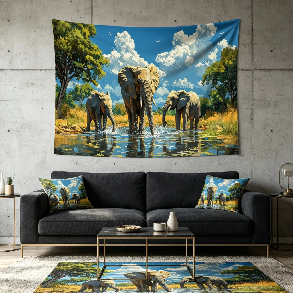 1PC African Savanna Elephant Group Print Backdrop Banner, Bedroom Living Room Photo Background, Polyester, Home Decor, Wall Art