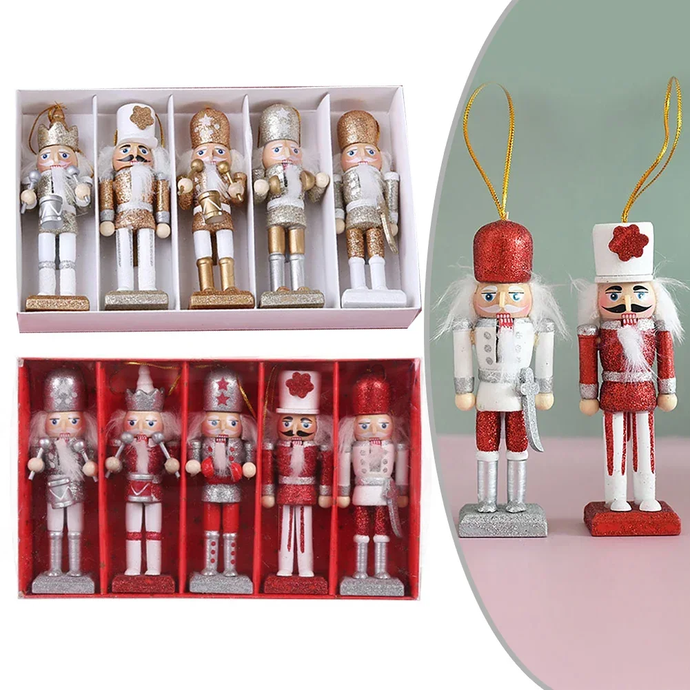 5 pçs enfeites de natal glitter quebra-nozes ornamentos ouro branco vermelho artesanato de madeira quebra-nozes fantoche figuras decoração de natal