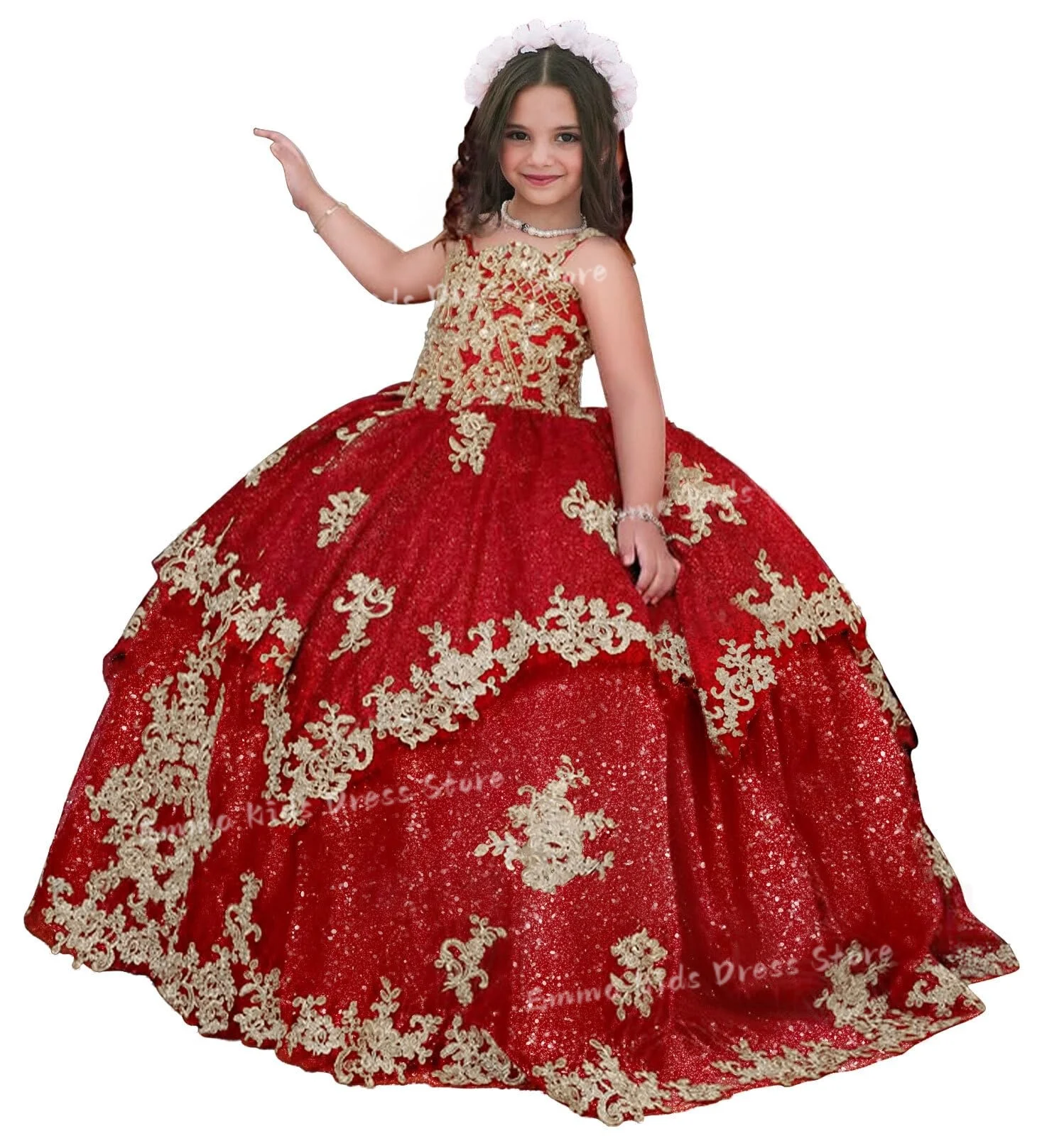 

Платье для девочек на заказ с золотой аппликацией, на бретельках-спагетти, для свадьбы, выпускного, дня рождения, причастия, с кристаллами