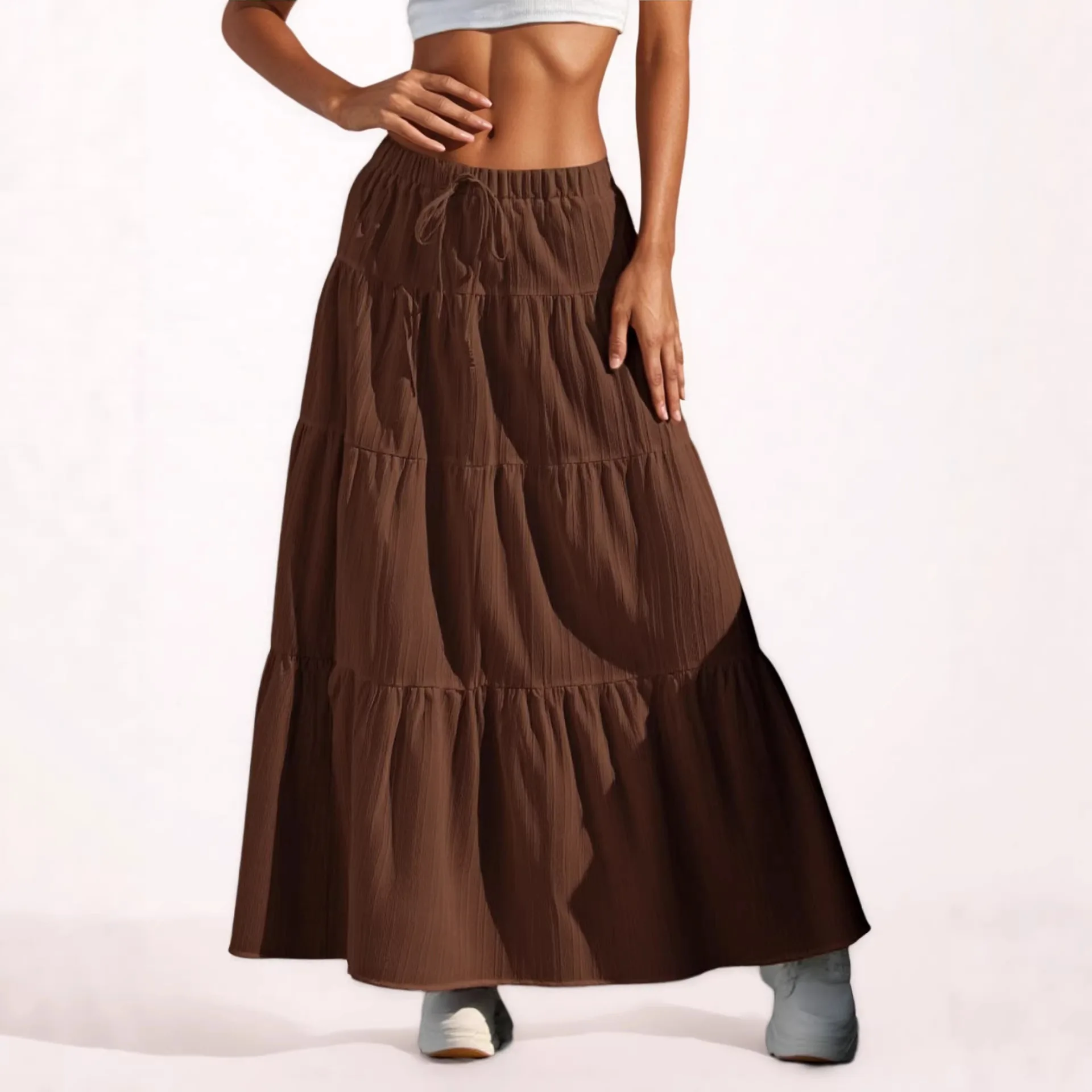 Elegant Loose Midi Skirt Women's New Arrival White Sweep Skirt Belted Chiffon Fabric Asymmetrical Hemline Fashionable Trend
