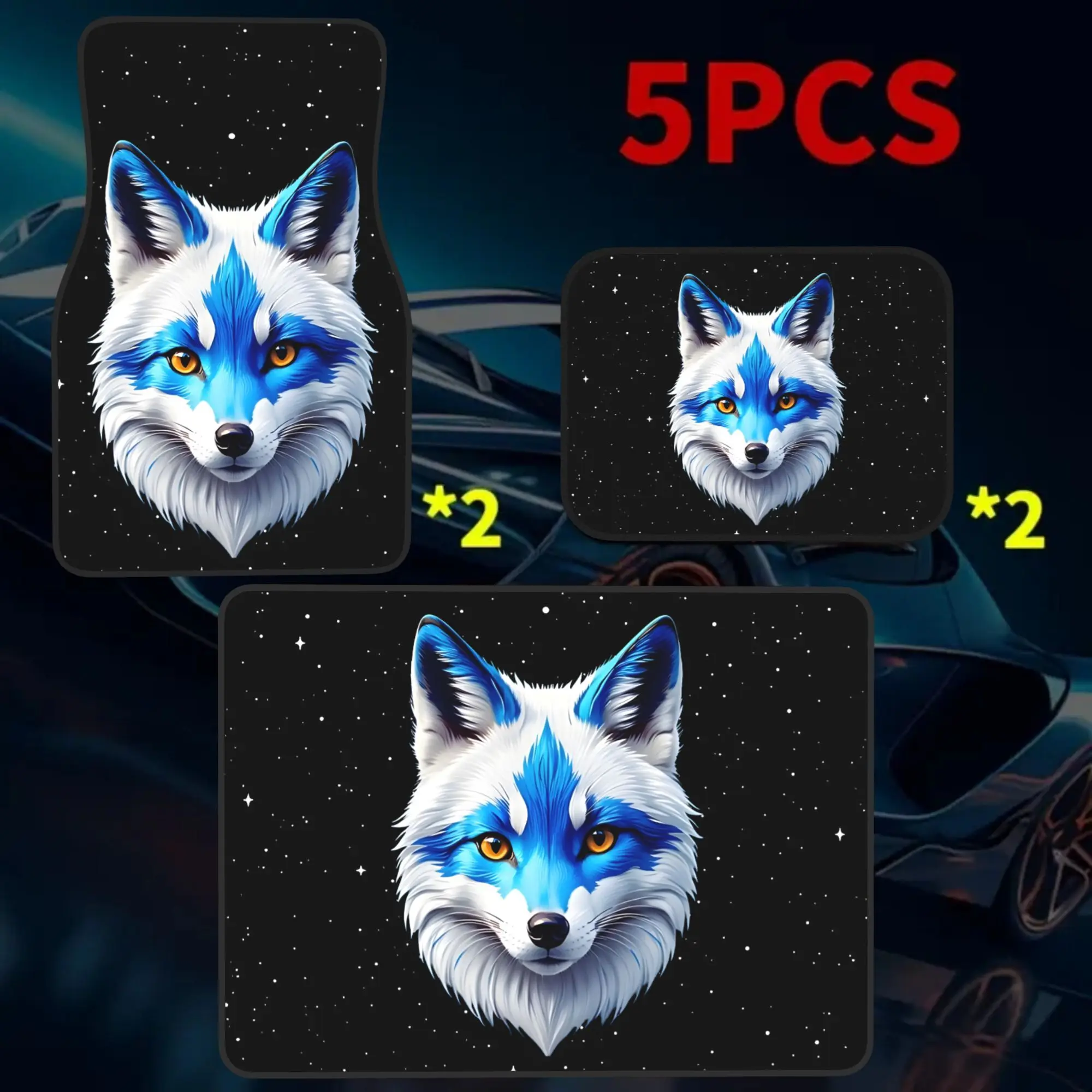 2D Plane 5pcs Galaxy Blue And White Fox Head Car Floor Mat | Trunk Liner -5pcs Set (including 4 Floor Mats And 1 Trunk Liner) Wi