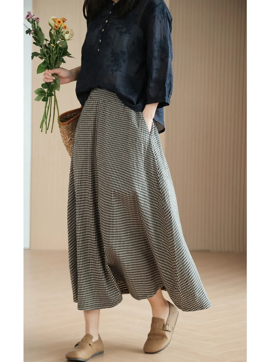 

Юбка-миди трапециевидной формы, женская хлопково-льняная клетчатая юбка со средней талией, свободная посадка, летняя обычная тонкая длинная юбка