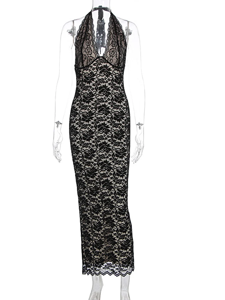 فستان Kricesseen مثير للنساء باللون الأسود برقبة رسن من الدانتيل ميدي فستان جديد للسيدات شفاف من الدانتيل مُزين بالزهور ملابس حفلات الكوكتيل #3