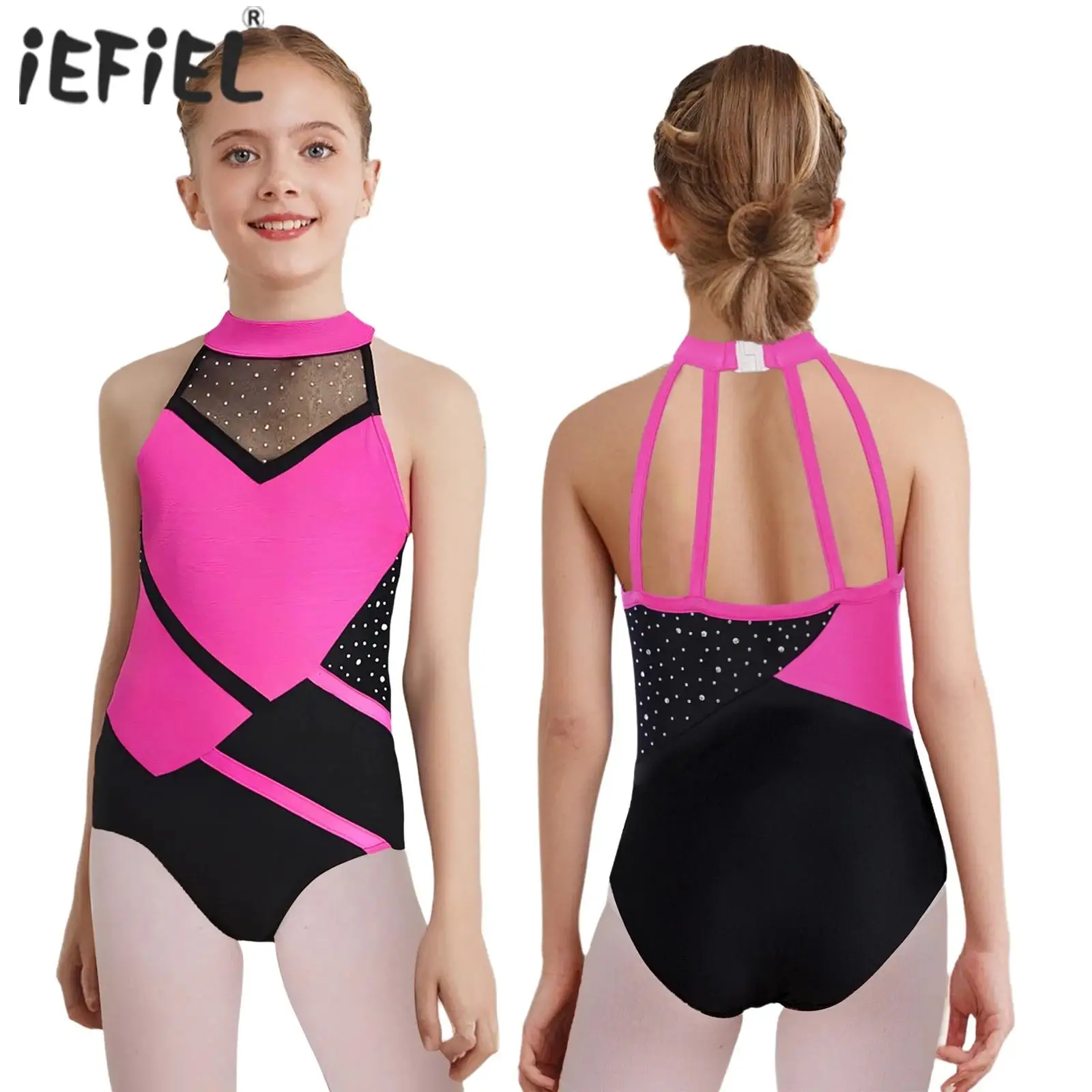 Kinderen meisjes ballet gymnastiek turnpakje dansvoorstelling kostuum strappy terug glittery strass bodysuit schaatsen danskleding