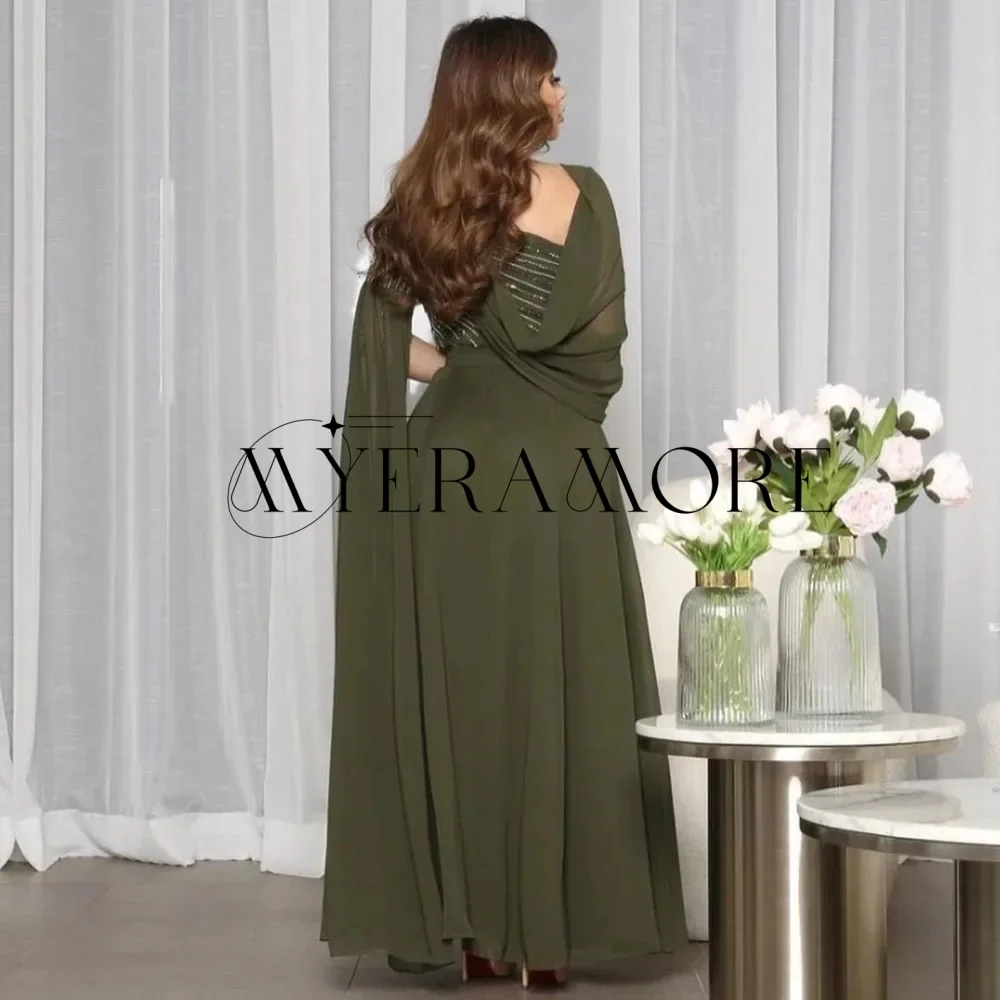 

Elegant Green Beaded Evening Dresses One-Shoulder A-Line Cape Side Slit Prom Dresses Customized فساتين سهره