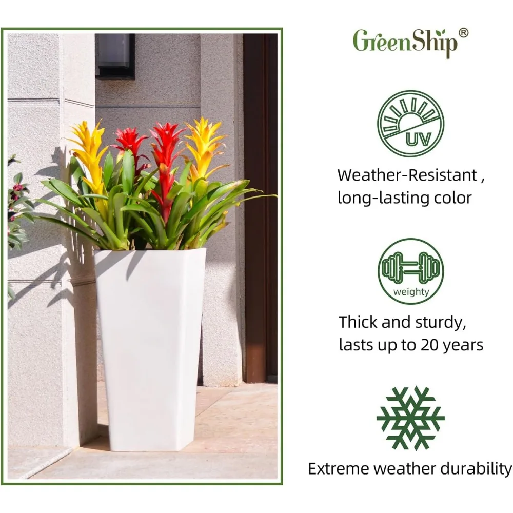 กระถางต้นไม้หินสีขาวขนาดใหญ่ ชุด 2 ใบ สูง 27 นิ้ว สำหรับปลูกต้นไม้ทั้งในร่มและกลางแจ้ง พร้อมระบบระบายน้ำและชั้นวางด้านใน