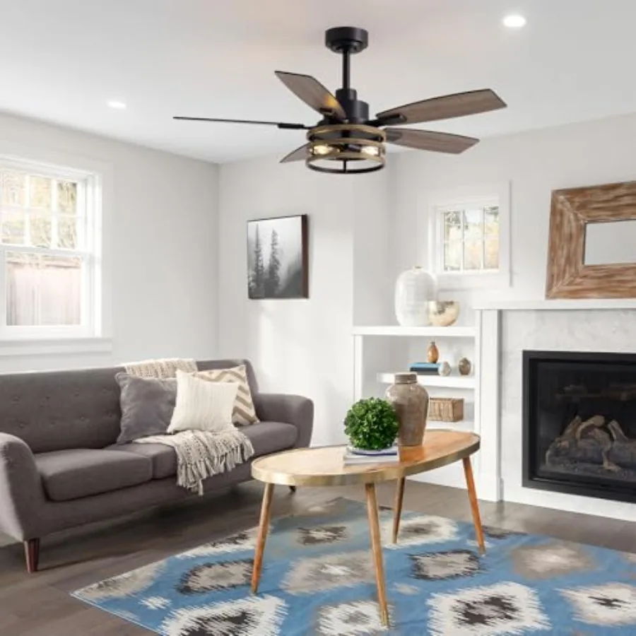 Farmhouse ceiling fan for bedroom, living room, and patio; metal black caged design; 46-inch diameter with integrated light and