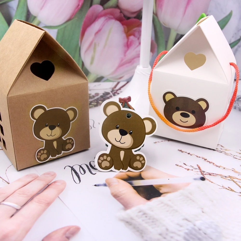 1set Cartoon Bear Hanging Tags Paper Stickers Cake Toppers Kids Bear Birthday Baby Shower Party Cake Decor DIY Gifts Wrapping