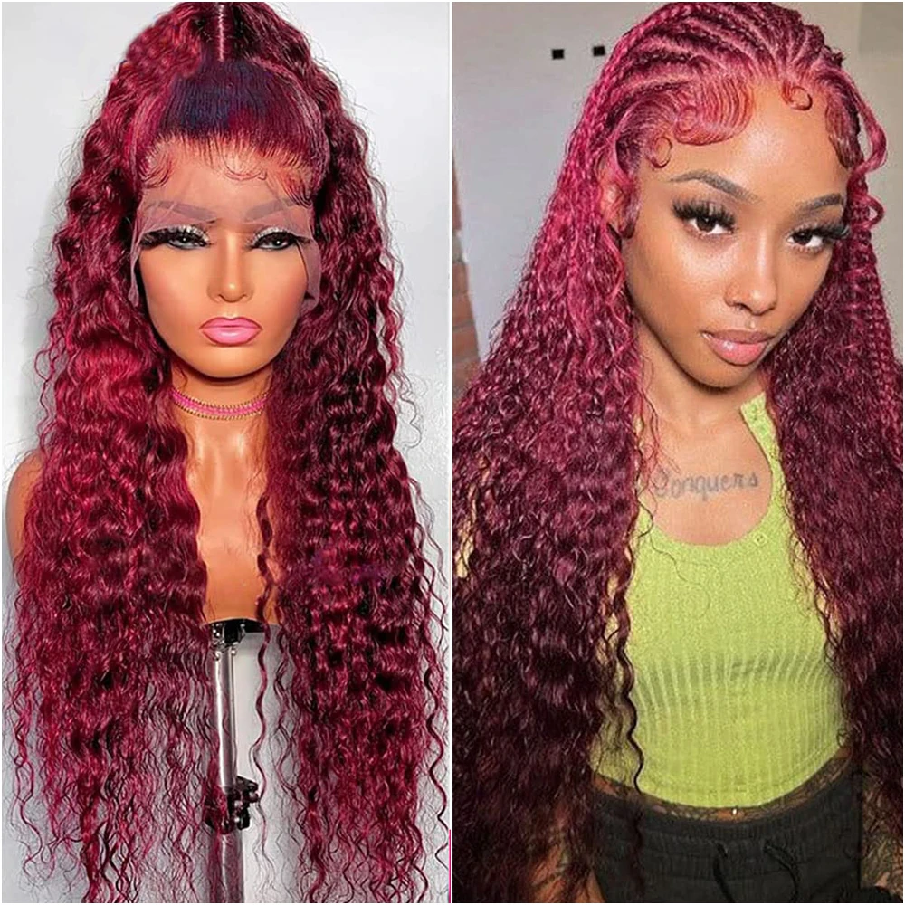 Bordeaux 13x6 HD Kant Frontaal Pruik van echt haar 40 inch Rood Gekleurde Krullende Pruiken 13x4 Hd Kant Water Diepe Golf Frontale Pruik 200 Dichtheid