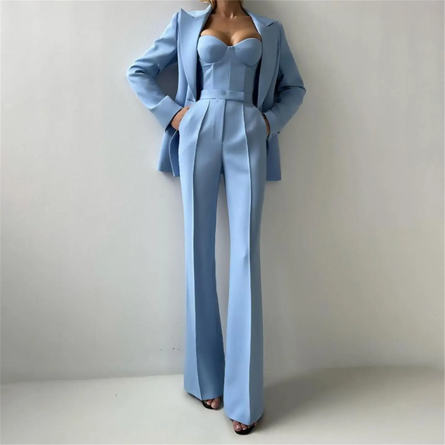 Fashionable Commute Three-Piece Suit Set Elegant Style Jacket Pants Top Quality PVC Material Low Waist Design for Women