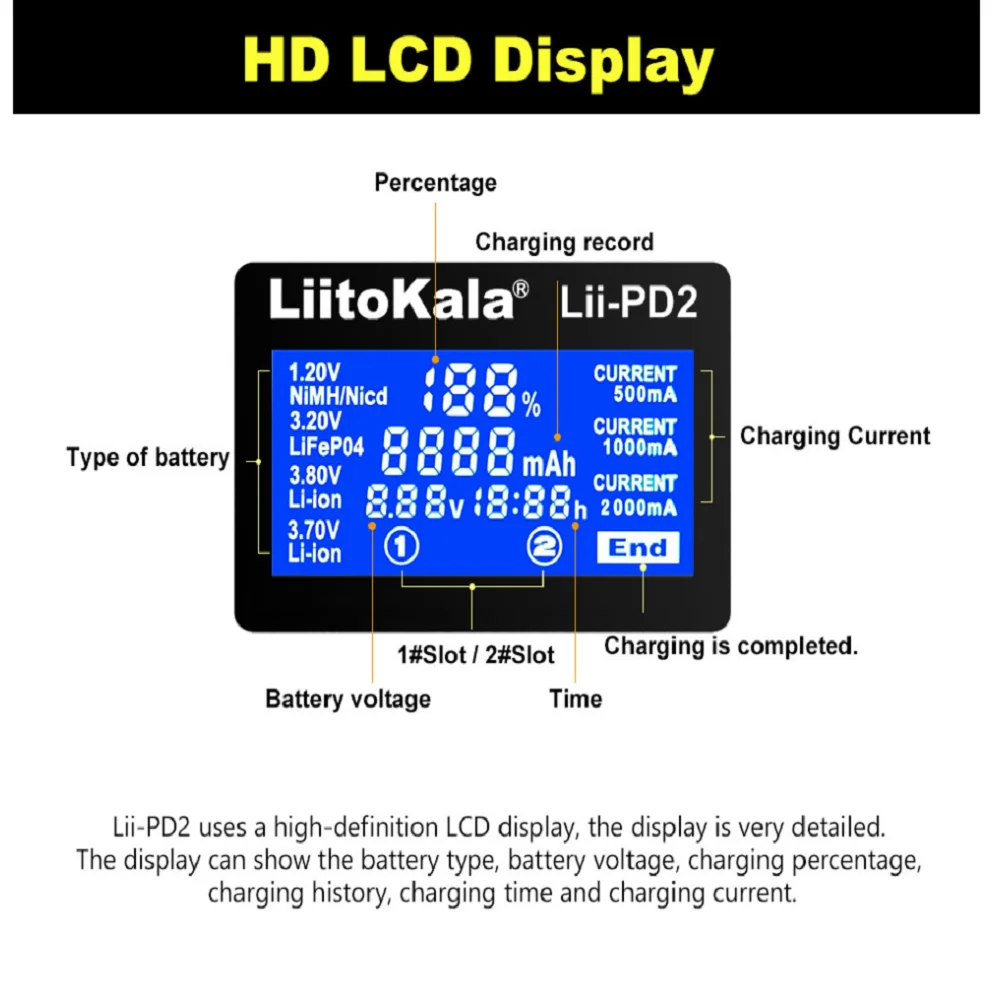 Liitokala Lii-PD4 Lii-PD2 18650 Battery Charger for 1.2V 3.7V NiMH 26650 21700 18350 18500 14500 AA  AAA LiFePO4 Batteries