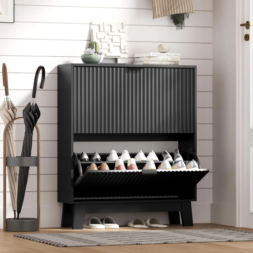 

Entrance shoe cabinet storage space with 2 flip drawers, narrow groove shoe storage rack with wooden legs