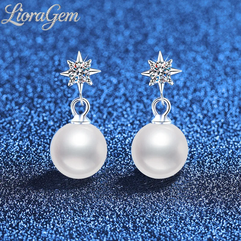 

LioraGem Dazzling Moissanite 8mm Pearl Stud Earrings, Fashion Starburst Pearl Drop Earrings Platinum PT950 Stamp