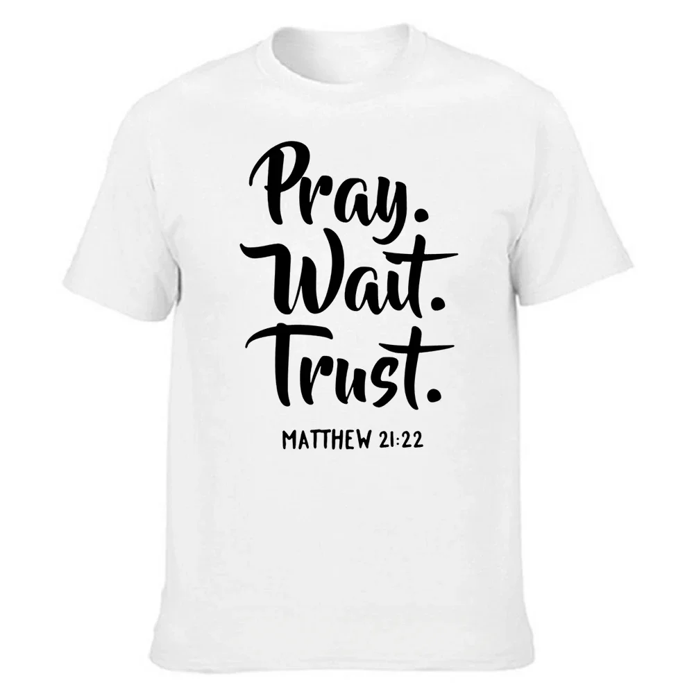 Graphic Cotton Streetwear Short Sleeve O-Neck Harajuku Hip Hop Christian God Religion T-shirt Men FunnyPray Wait Trust T Shirts