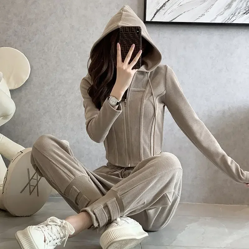 Women\'s Pants Two Piece Set Tracksuit Sport Slim Fit Hooded Camel Ladies Trouser Sweatshirt Fashion Clothing 2024 New Matching D