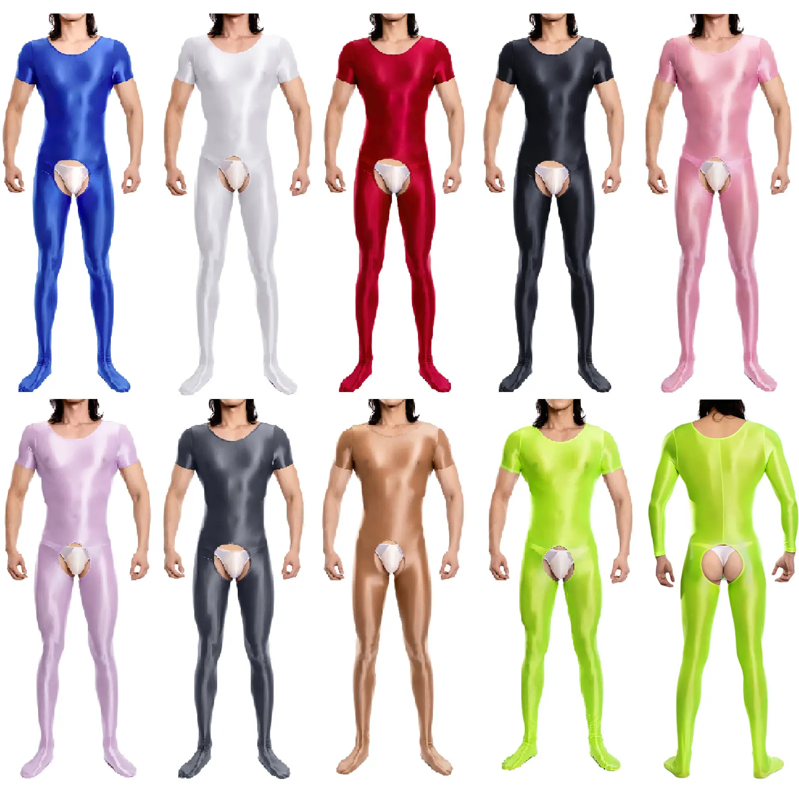 

Mens Glossy Sheer Short Sleeve Unitard Solid Color See Through Cut Out Open Crotch Footed Leotard See Through Stretchy Bodysuits