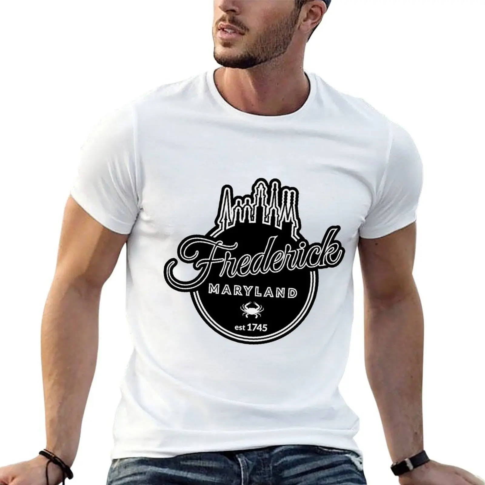 Frederick Maryland - Clustered Spires & Crab | White & Black T-Shirt animal prinfor boys customs mens graphic t-shirts funny